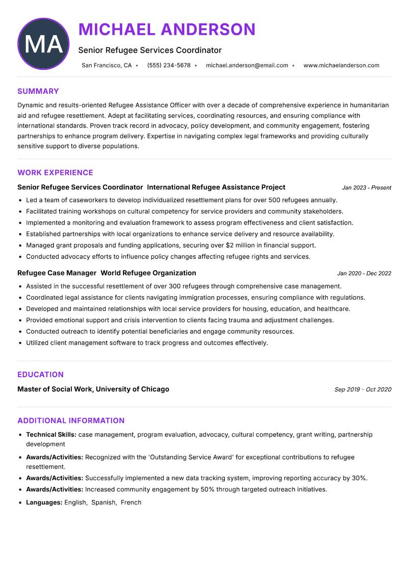 Refugee Assistance Officer resume example