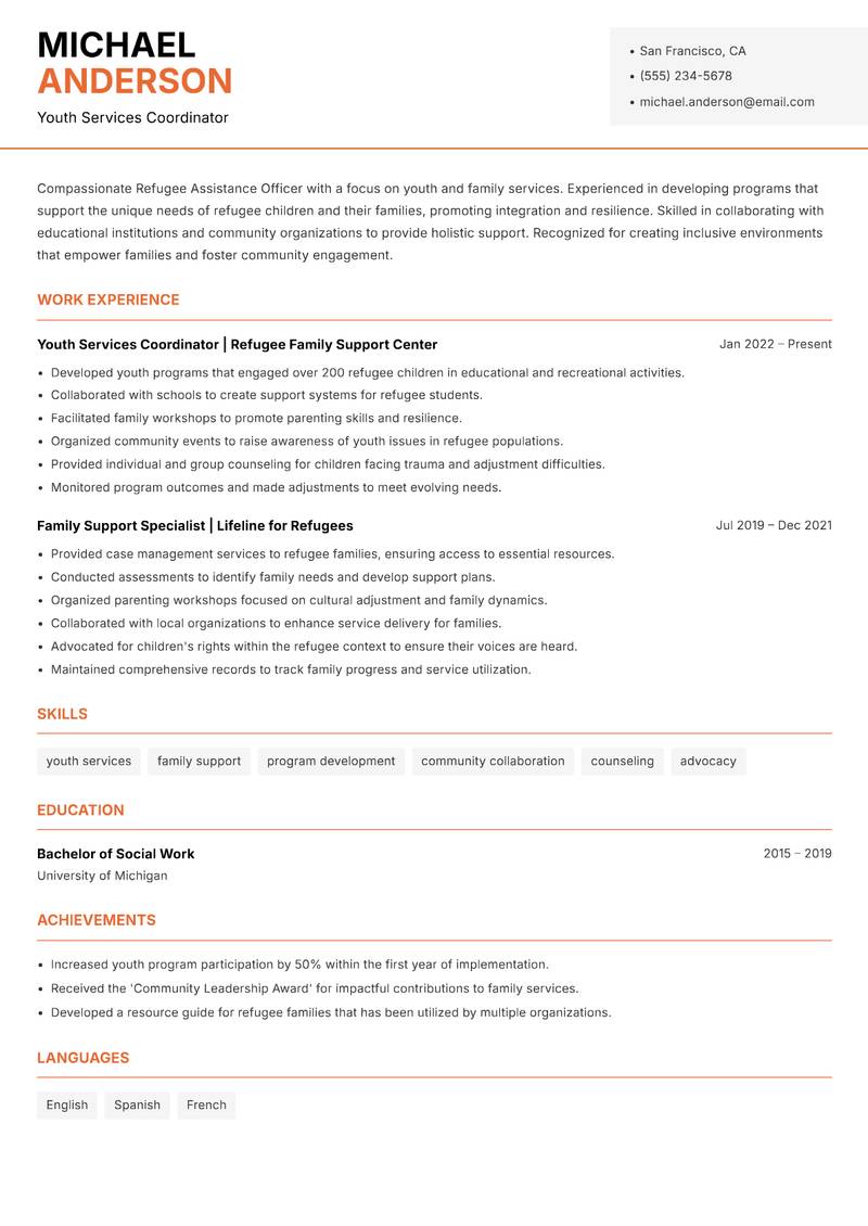Refugee Assistance Officer resume sample — Youth Services Coordinator focus