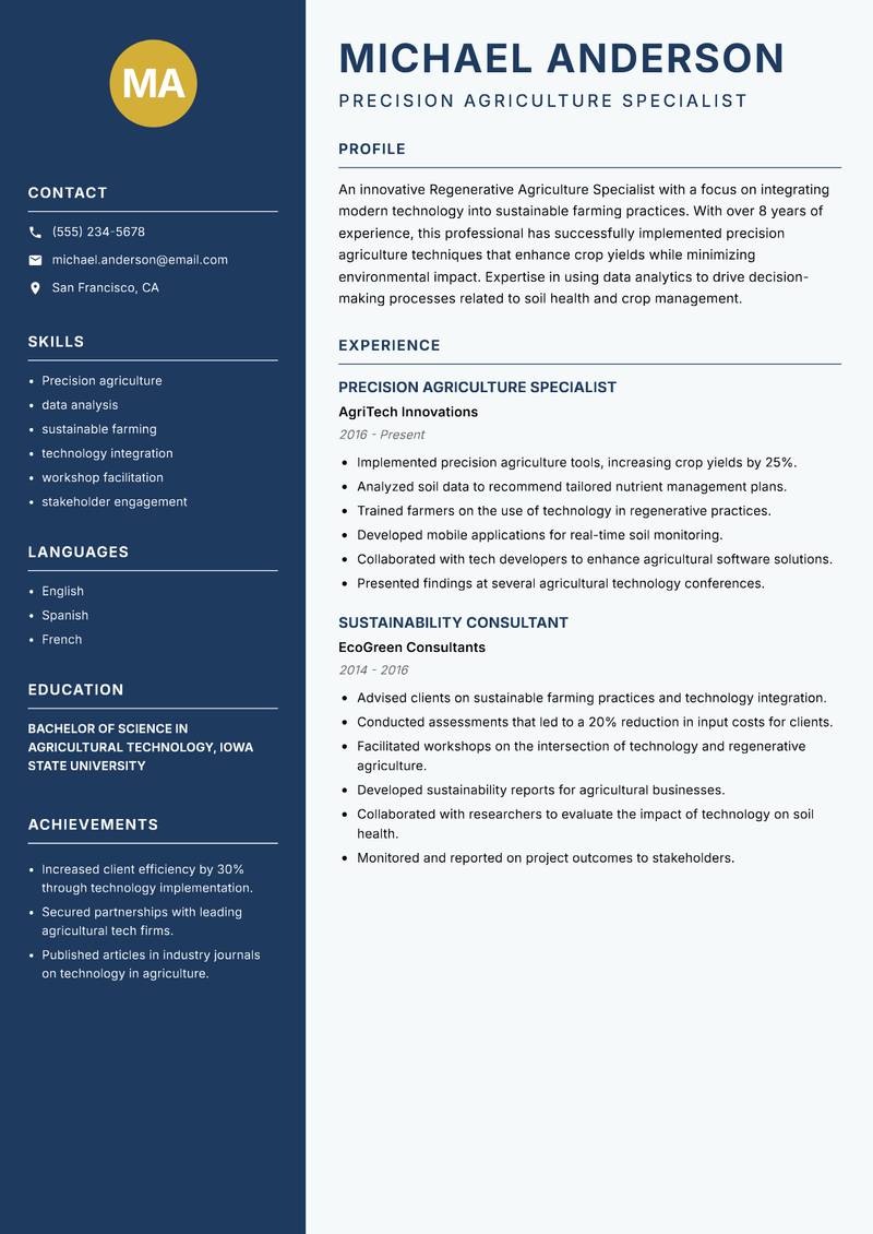 Regenerative Agriculture Specialist resume sample — Precision Agriculture Specialist focus
