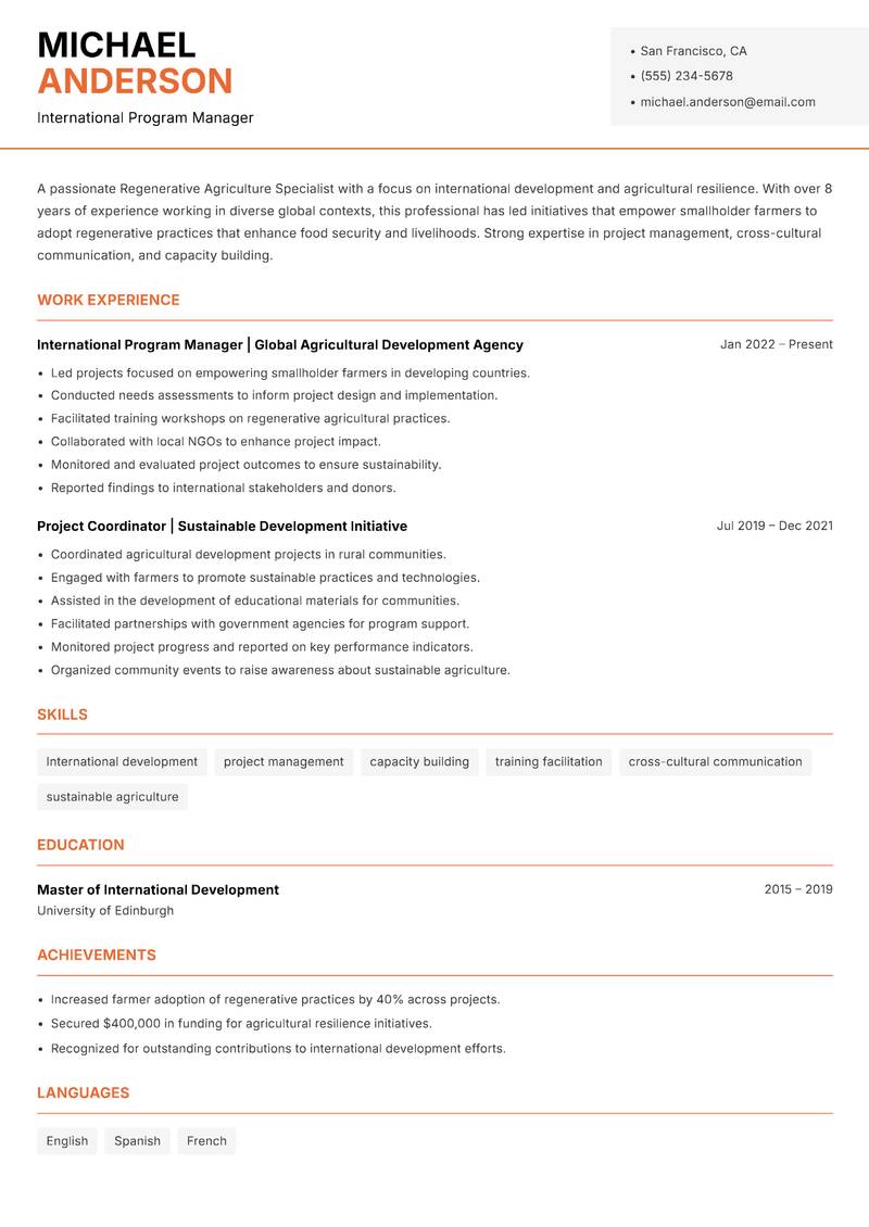 Regenerative Agriculture Specialist resume sample — International Program Manager focus
