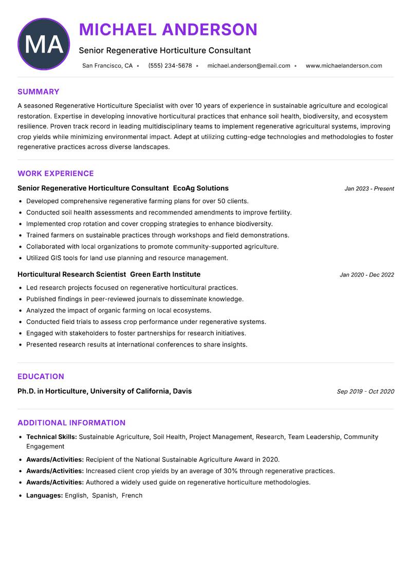 Regenerative Horticulture Specialist resume example