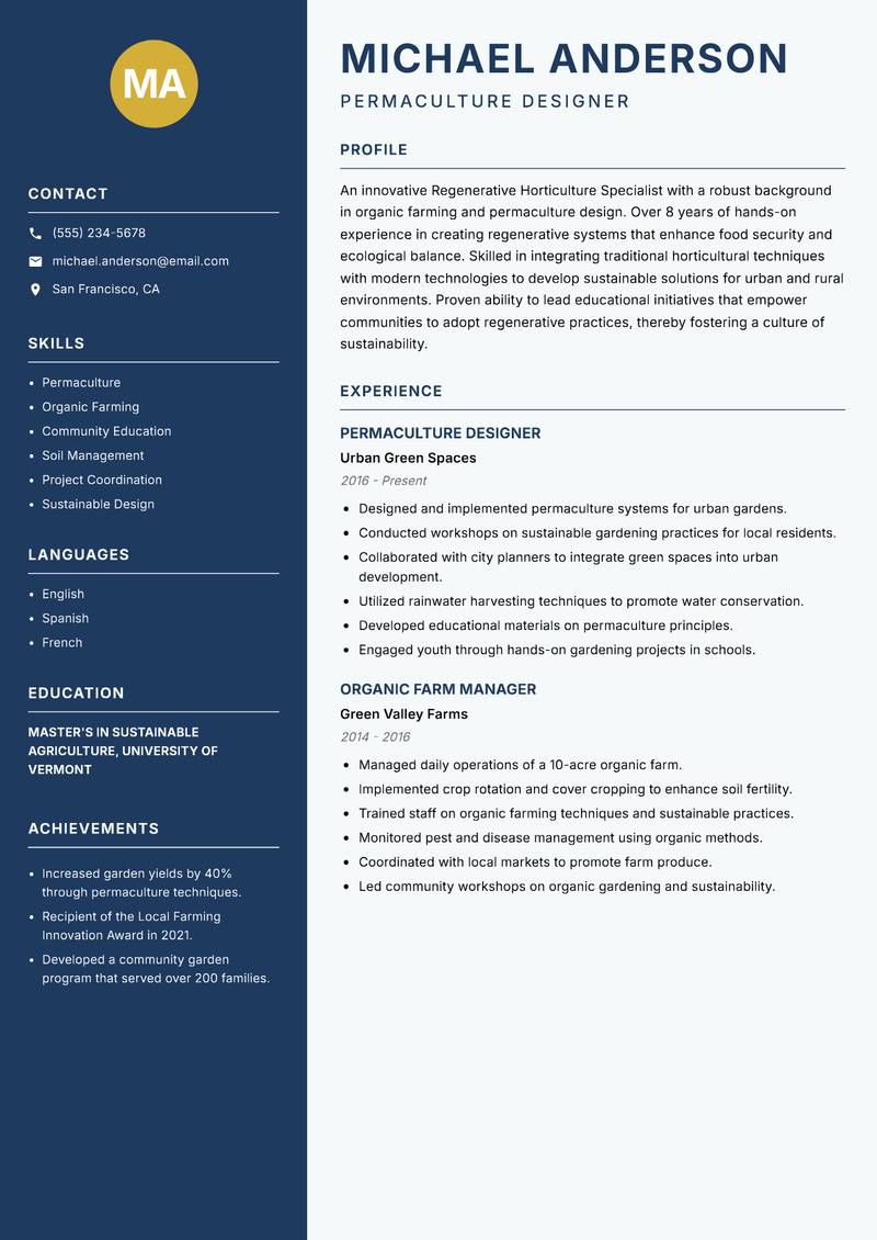 Regenerative Horticulture Specialist resume sample — Permaculture Designer focus