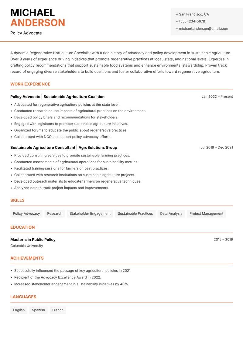 Regenerative Horticulture Specialist resume sample — Policy Advocate focus
