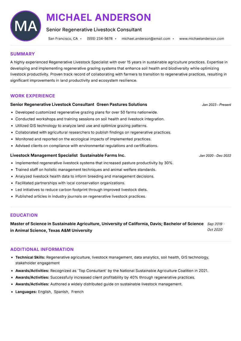 Regenerative Livestock Specialist resume example