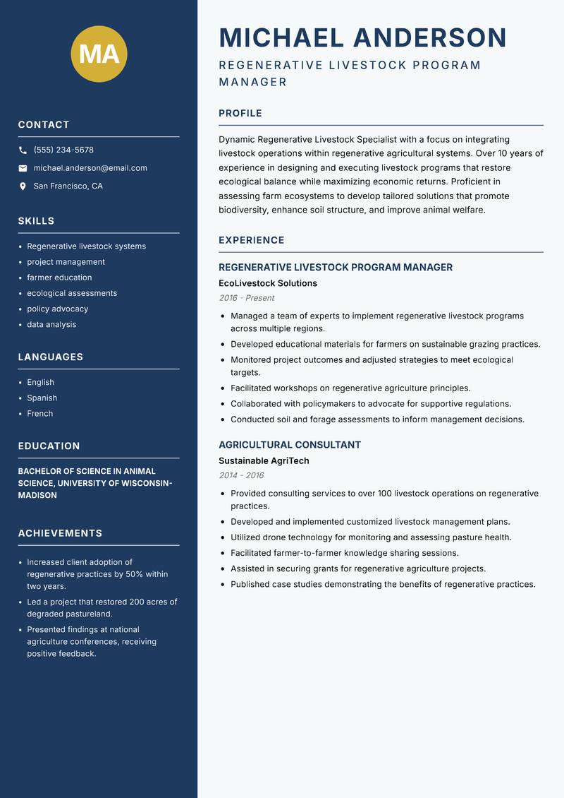 Regenerative Livestock Specialist resume sample — Regenerative Livestock Program Manager focus