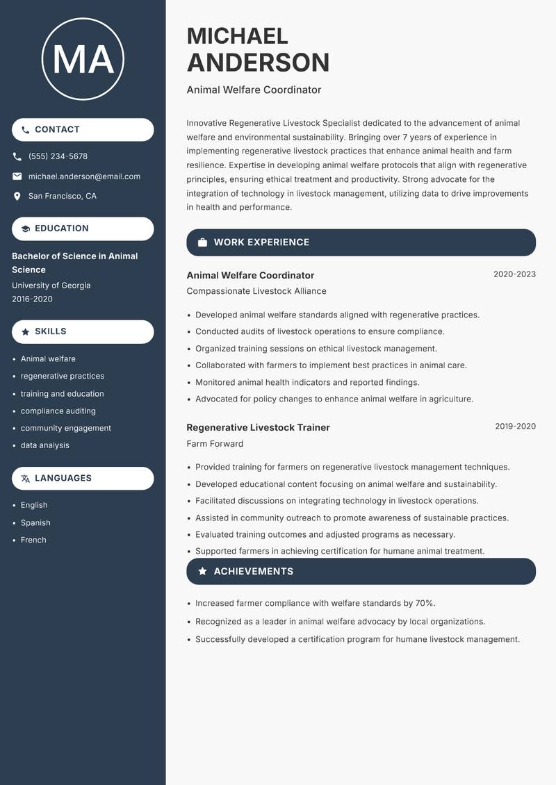 Regenerative Livestock Specialist resume sample — Animal Welfare Coordinator focus