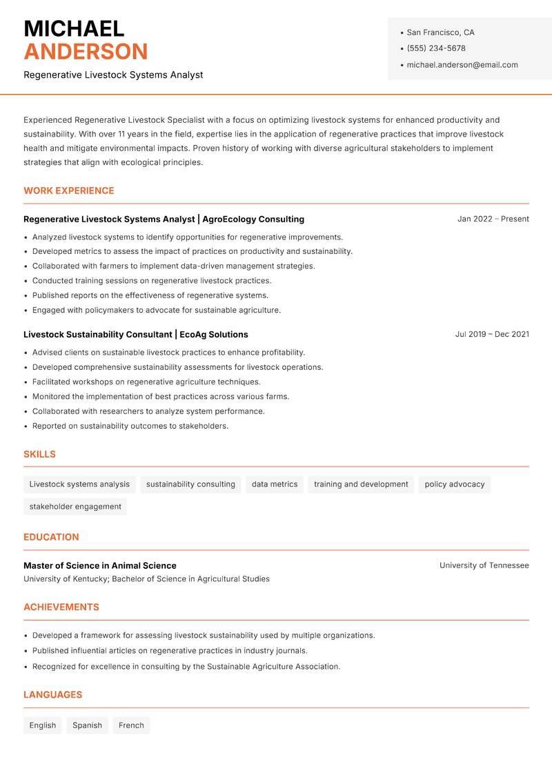 Regenerative Livestock Specialist resume sample — Regenerative Livestock Systems Analyst focus