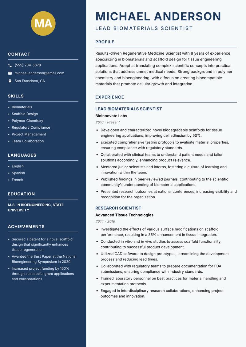 Regenerative Medicine Scientist resume sample — Lead Biomaterials Scientist focus