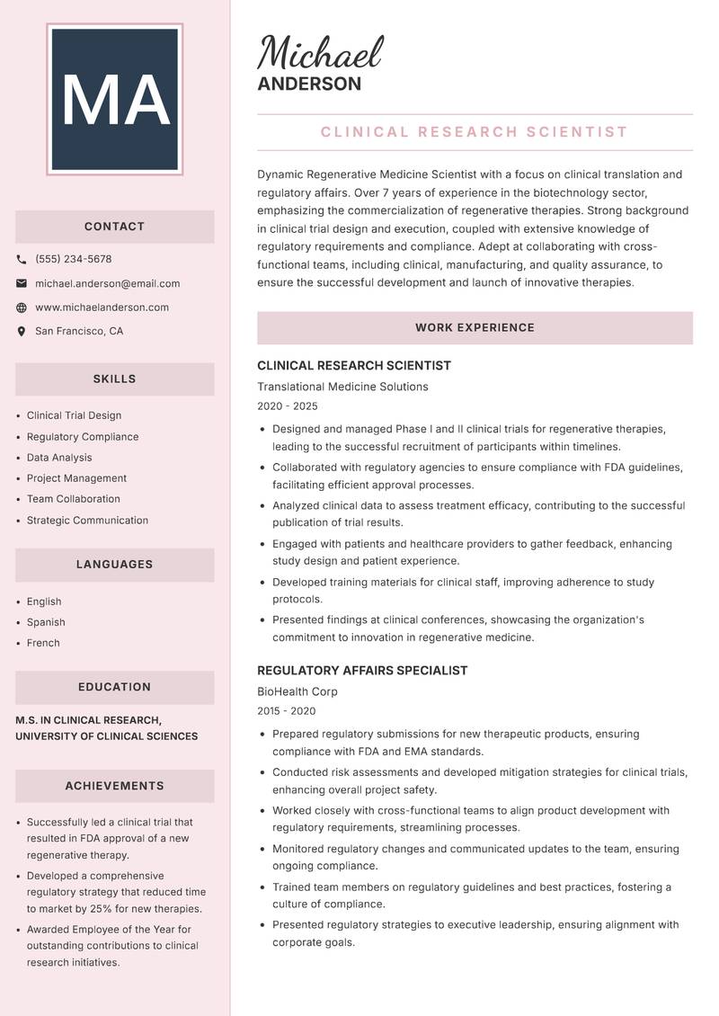 Regenerative Medicine Scientist resume sample — Clinical Research Scientist focus