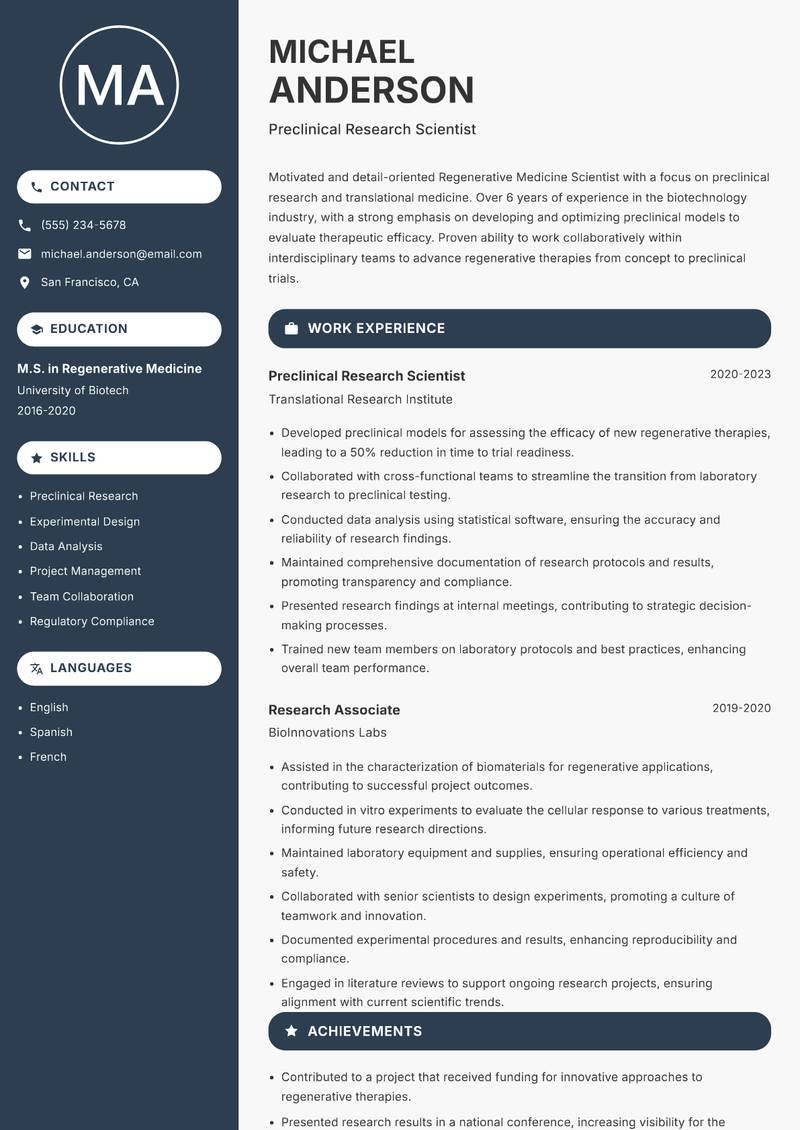 Regenerative Medicine Scientist resume sample — Preclinical Research Scientist focus