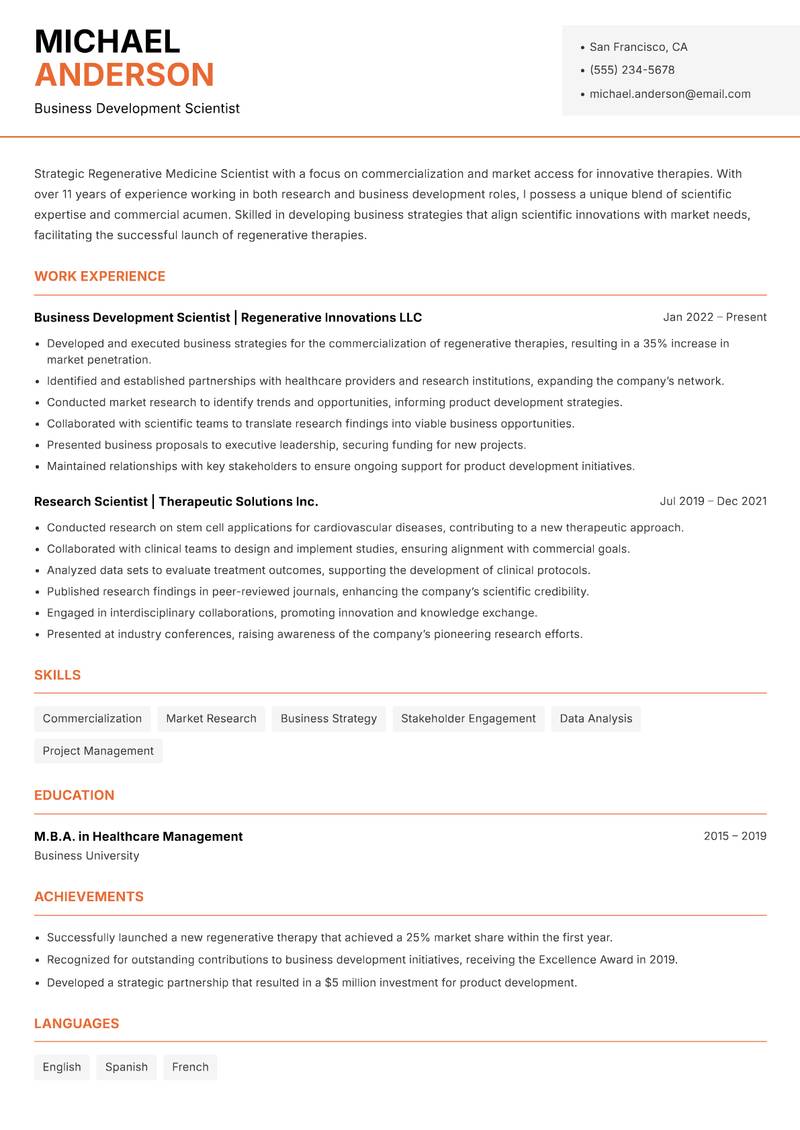 Regenerative Medicine Scientist resume sample — Business Development Scientist focus