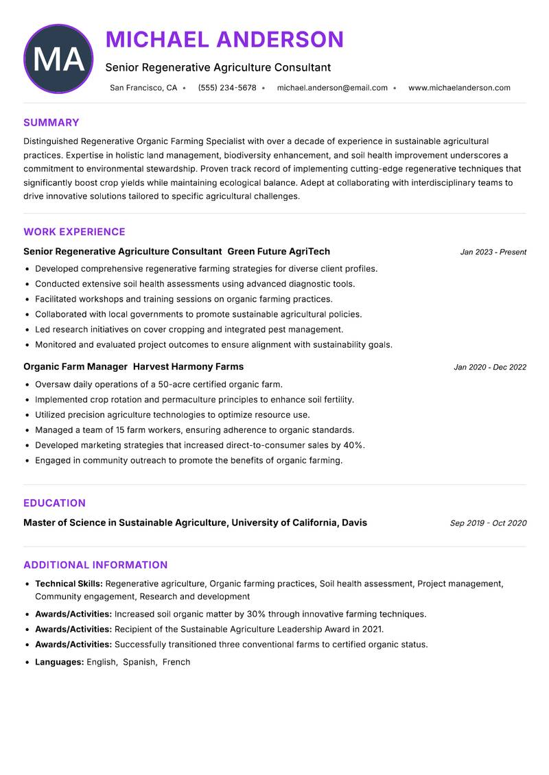 Regenerative Organic Farming Specialist resume example