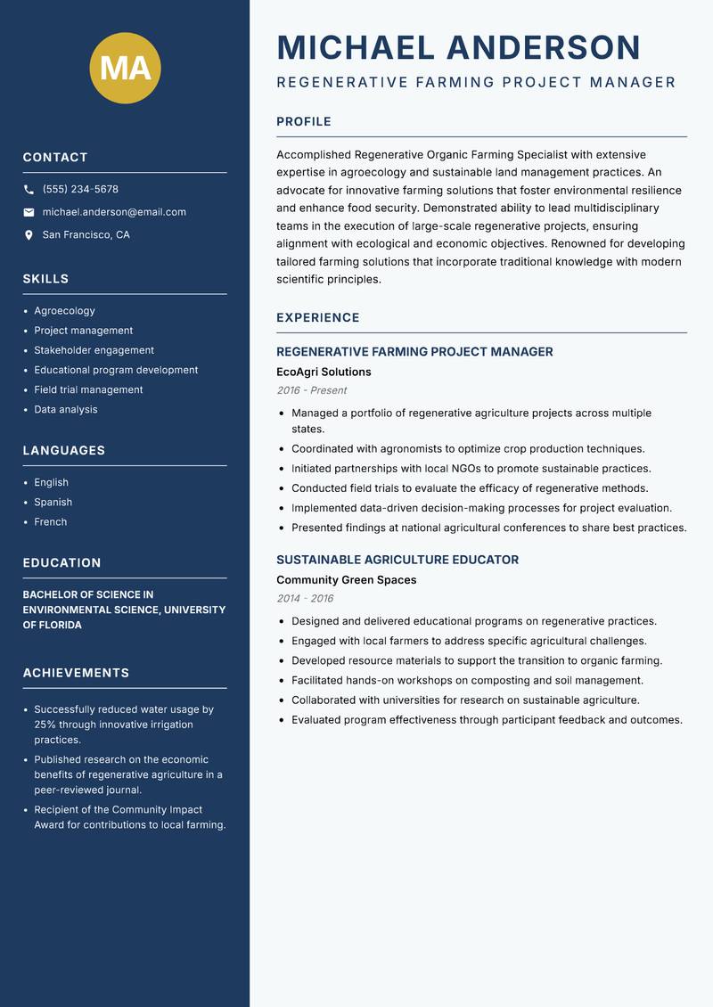 Regenerative Organic Farming Specialist resume sample — Regenerative Farming Project Manager focus