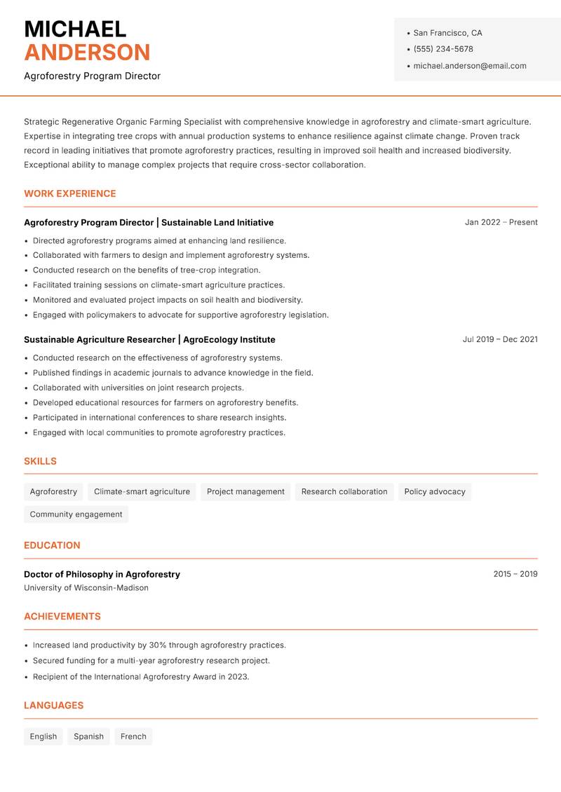 Regenerative Organic Farming Specialist resume sample — Agroforestry Program Director focus