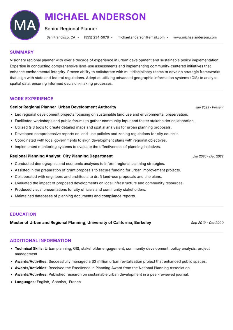 Regional Planner resume example