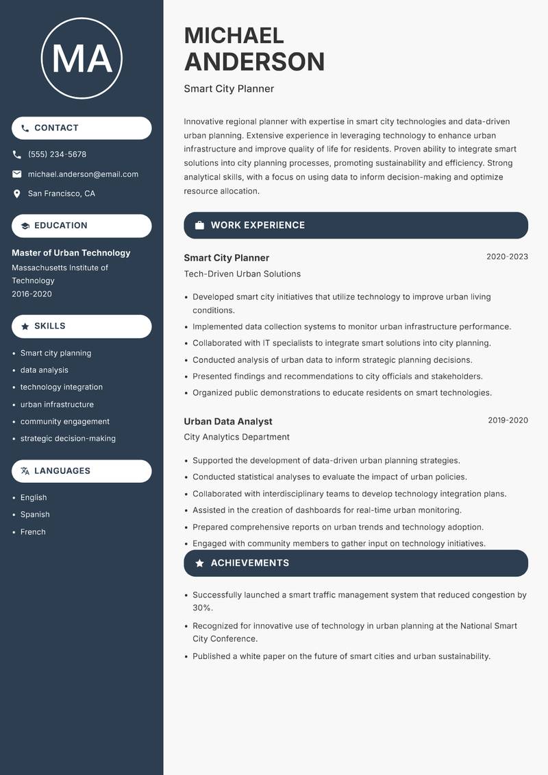 Regional Planner resume sample — Smart City Planner focus