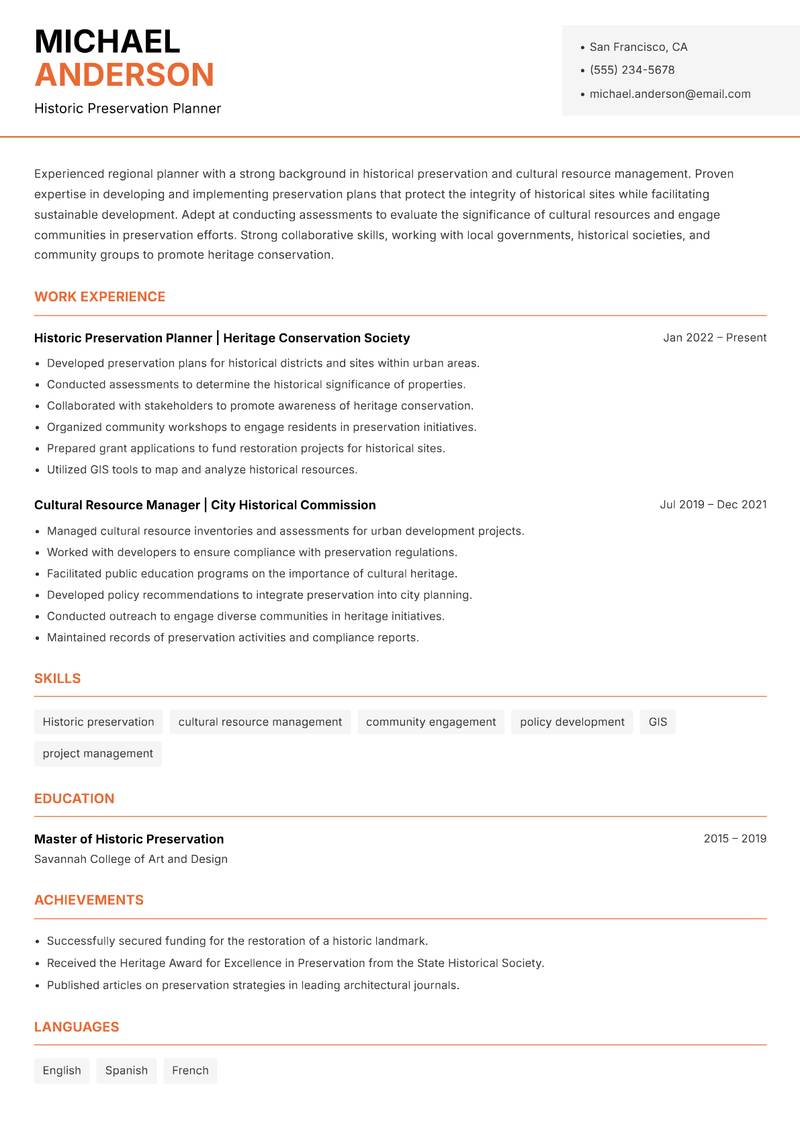Regional Planner resume sample — Historic Preservation Planner focus