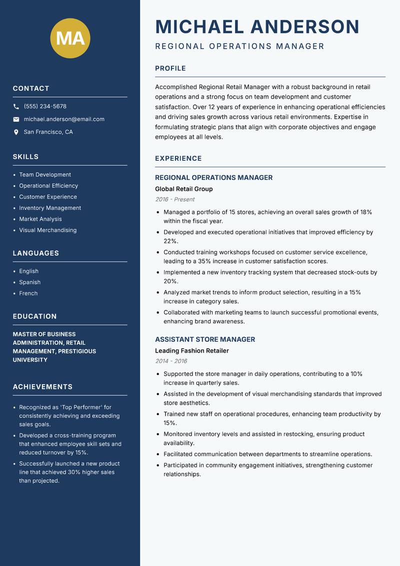 Regional Retail Manager resume sample — Regional Operations Manager focus