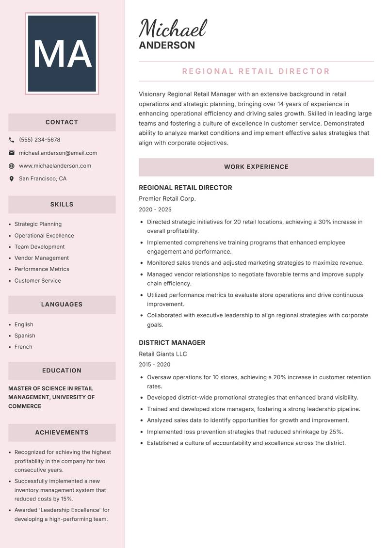 Regional Retail Manager resume sample — Regional Retail Director focus