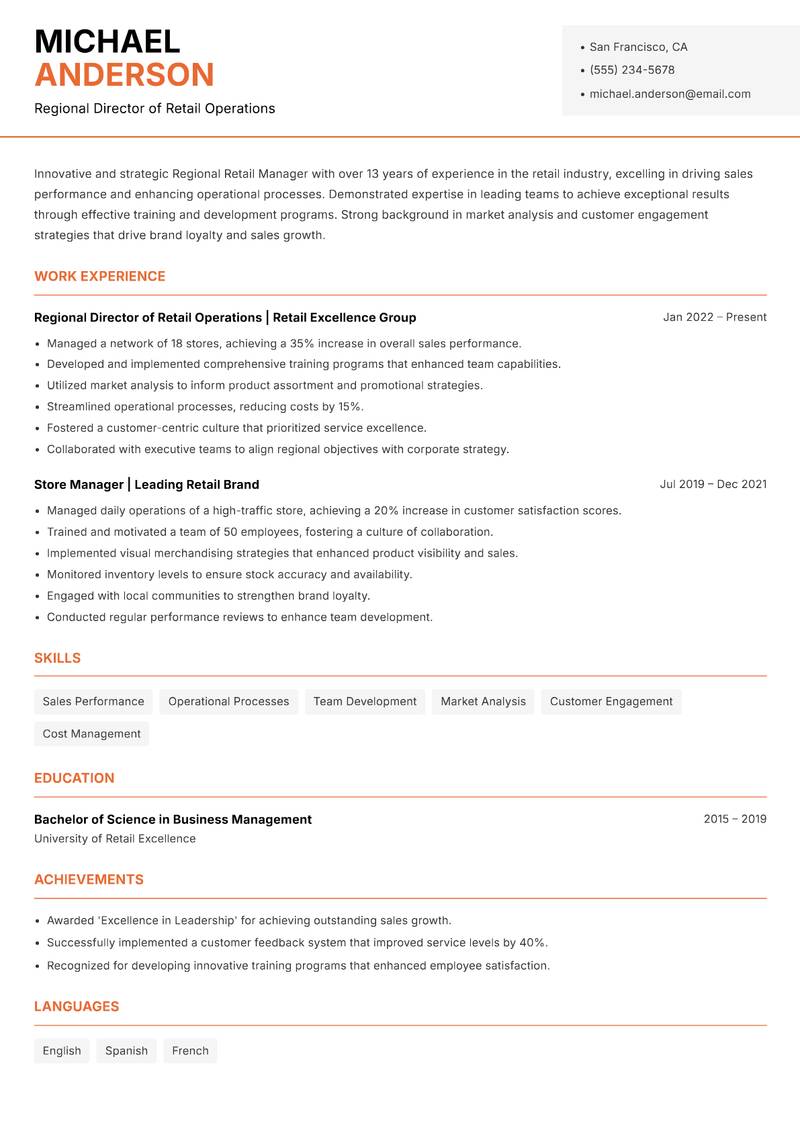 Regional Retail Manager resume sample — Regional Director of Retail Operations focus