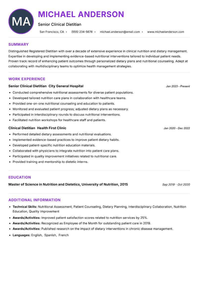 Registered Dietitian resume example