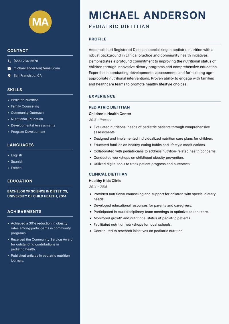 Registered Dietitian resume sample — Pediatric Dietitian focus