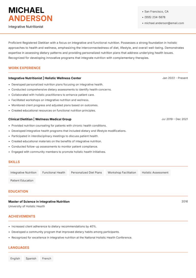 Registered Dietitian resume sample — Integrative Nutritionist focus