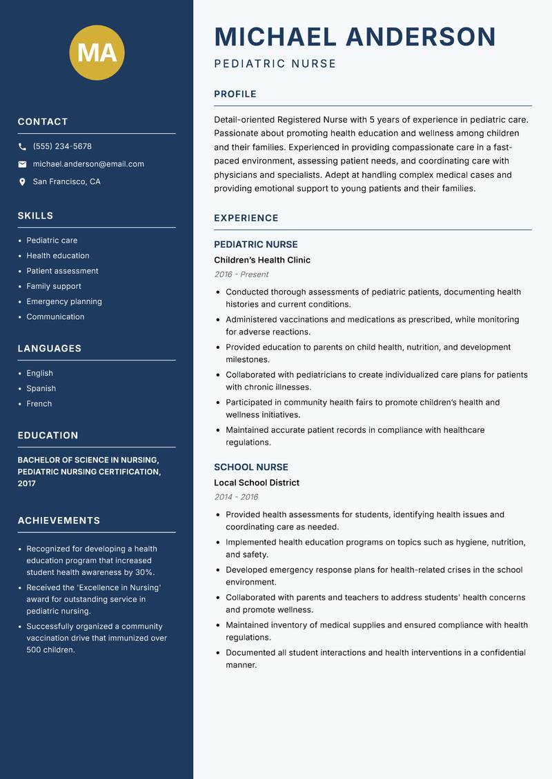Registered Nurse resume sample — Pediatric Nurse focus
