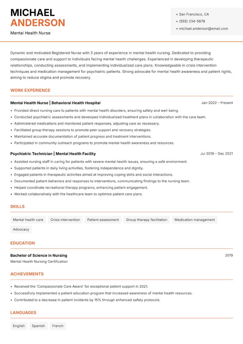 Registered Nurse resume sample — Mental Health Nurse focus