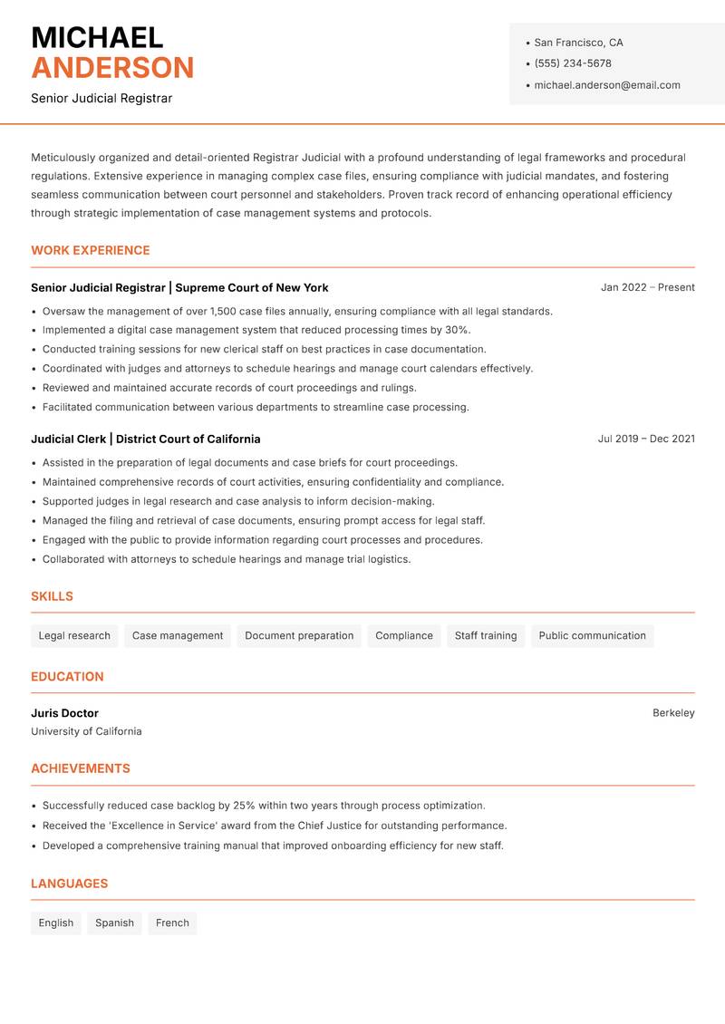 Registrar Judicial resume sample — Senior Judicial Registrar focus