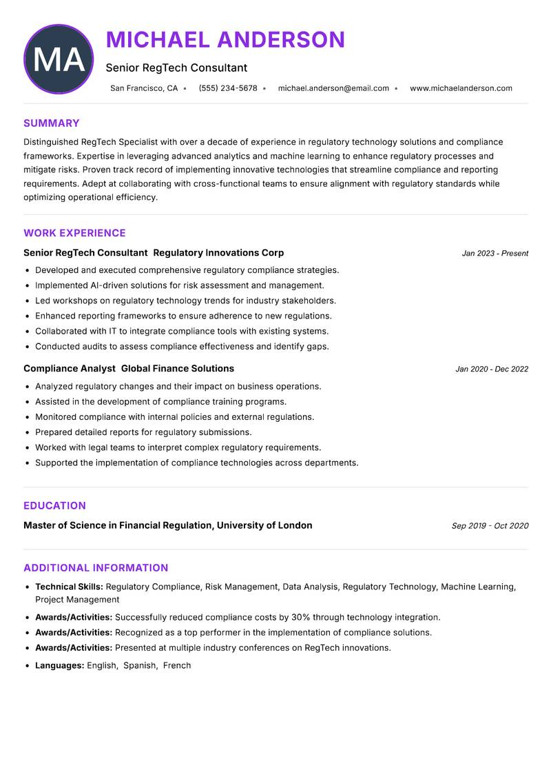 RegTech Specialist resume example