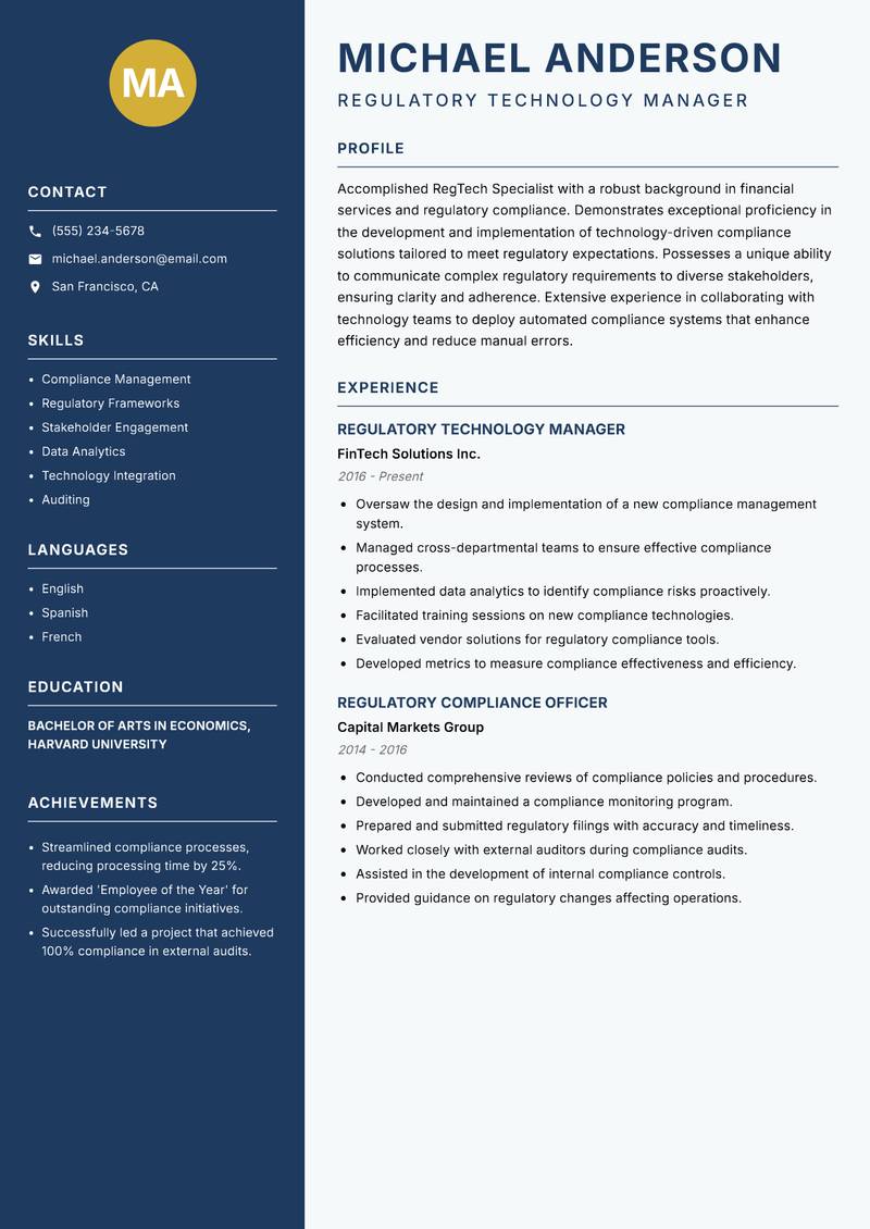 RegTech Specialist resume sample — Regulatory Technology Manager focus