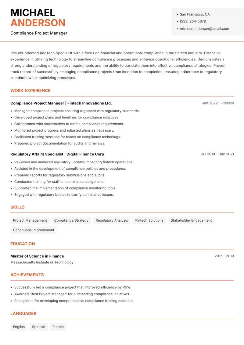 RegTech Specialist resume sample — Compliance Project Manager focus