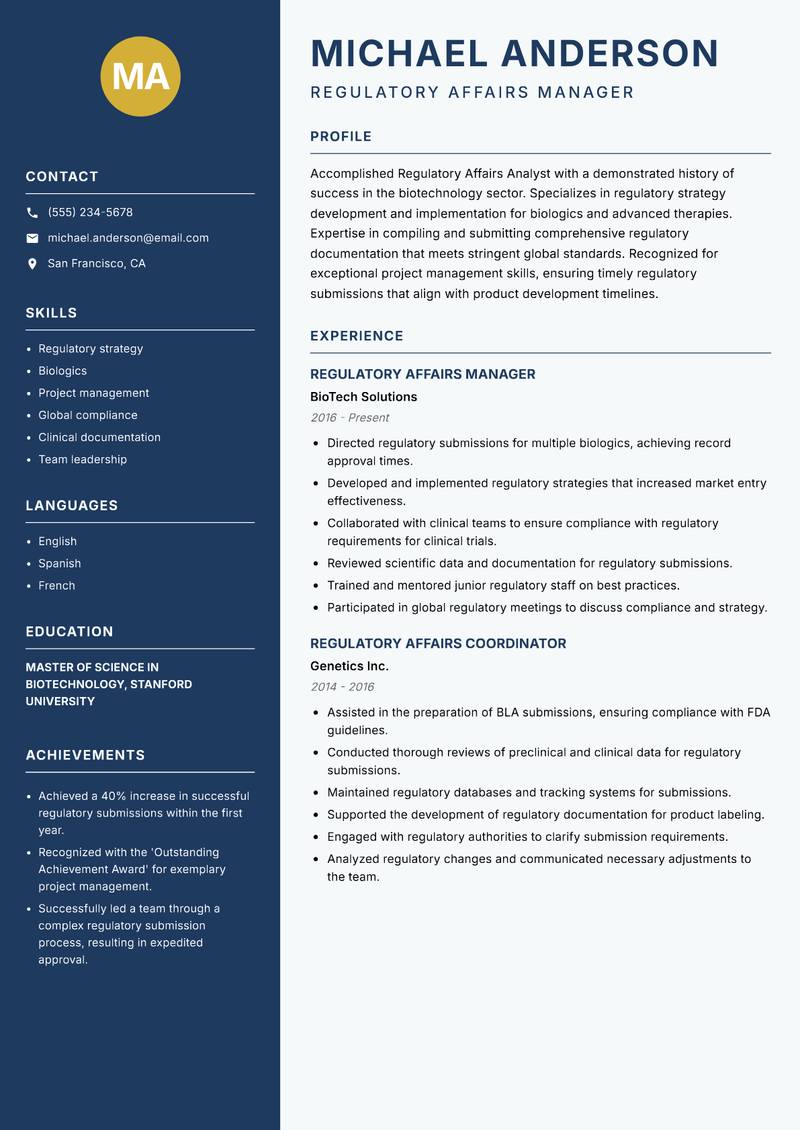 Regulatory Affairs Analyst resume sample — Regulatory Affairs Manager focus