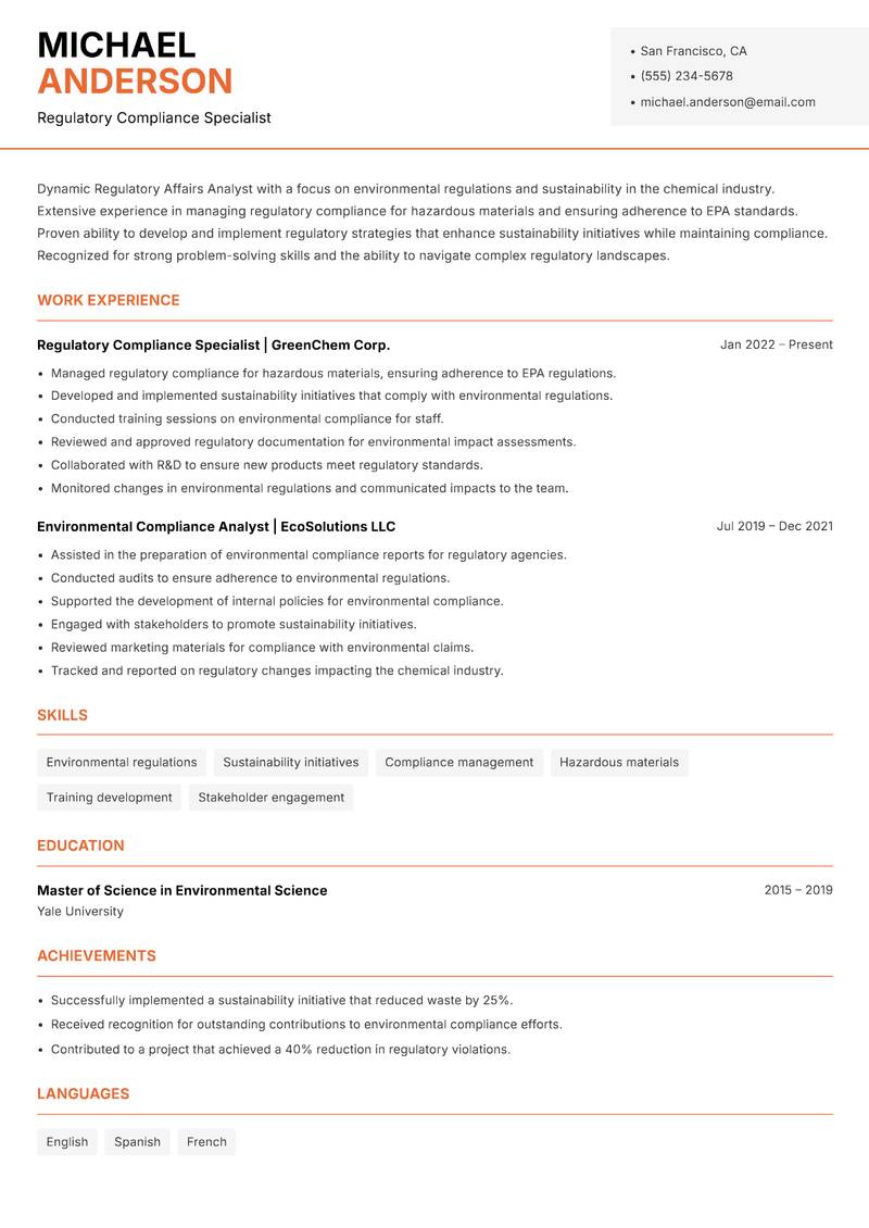 Regulatory Affairs Analyst resume sample — Regulatory Compliance Specialist focus