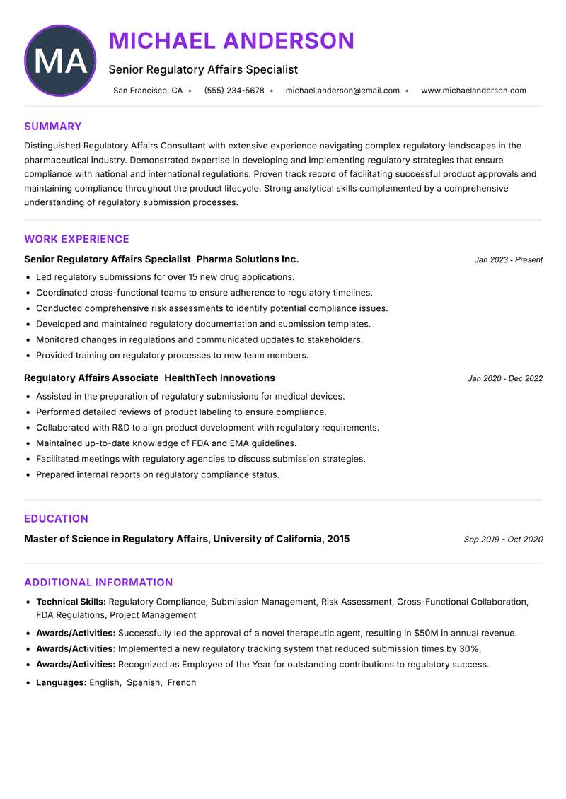 Regulatory Affairs Consultant resume example