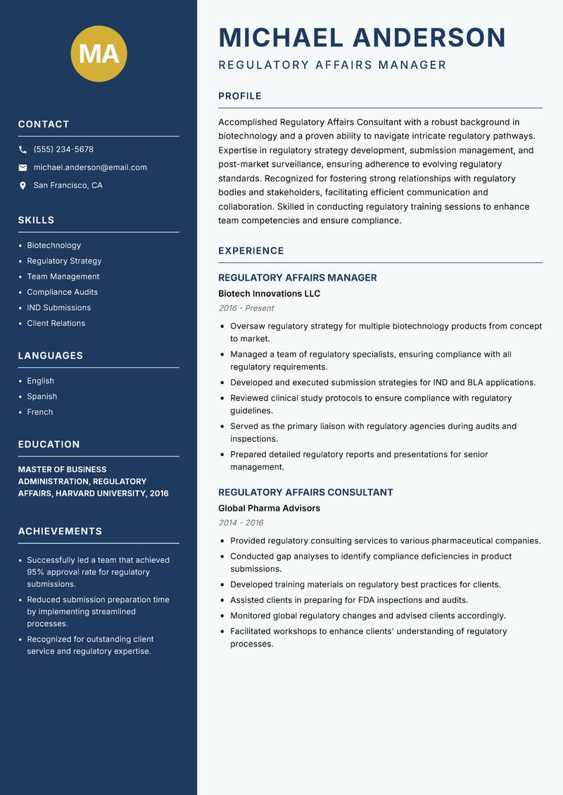 Regulatory Affairs Consultant resume sample — Regulatory Affairs Manager focus