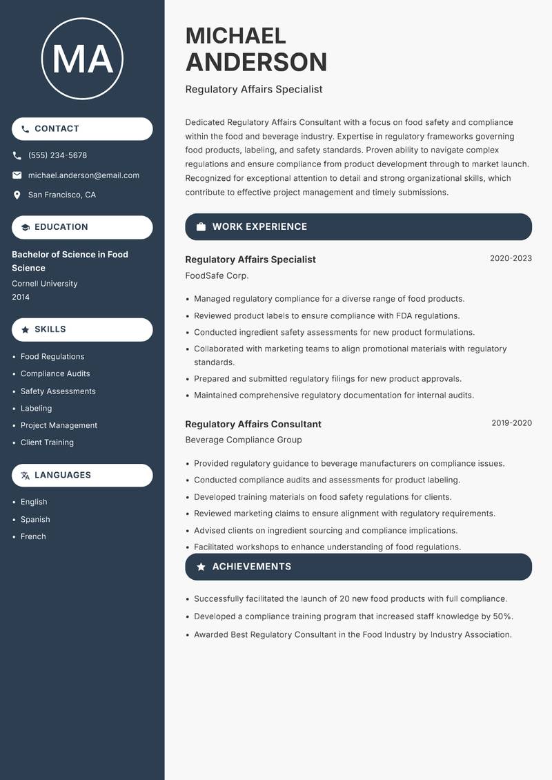 Regulatory Affairs Consultant resume sample — Regulatory Affairs Specialist focus