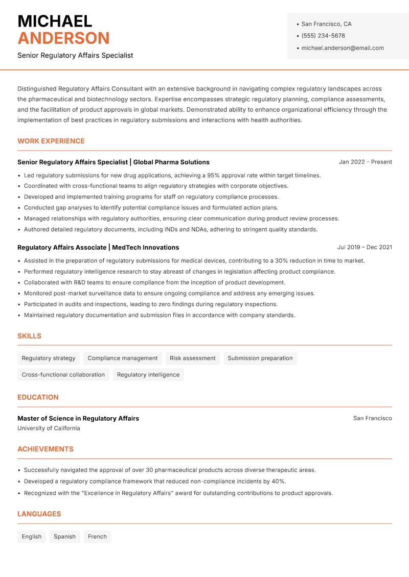 Regulatory Affairs Consultant resume sample — Senior Regulatory Affairs Specialist focus