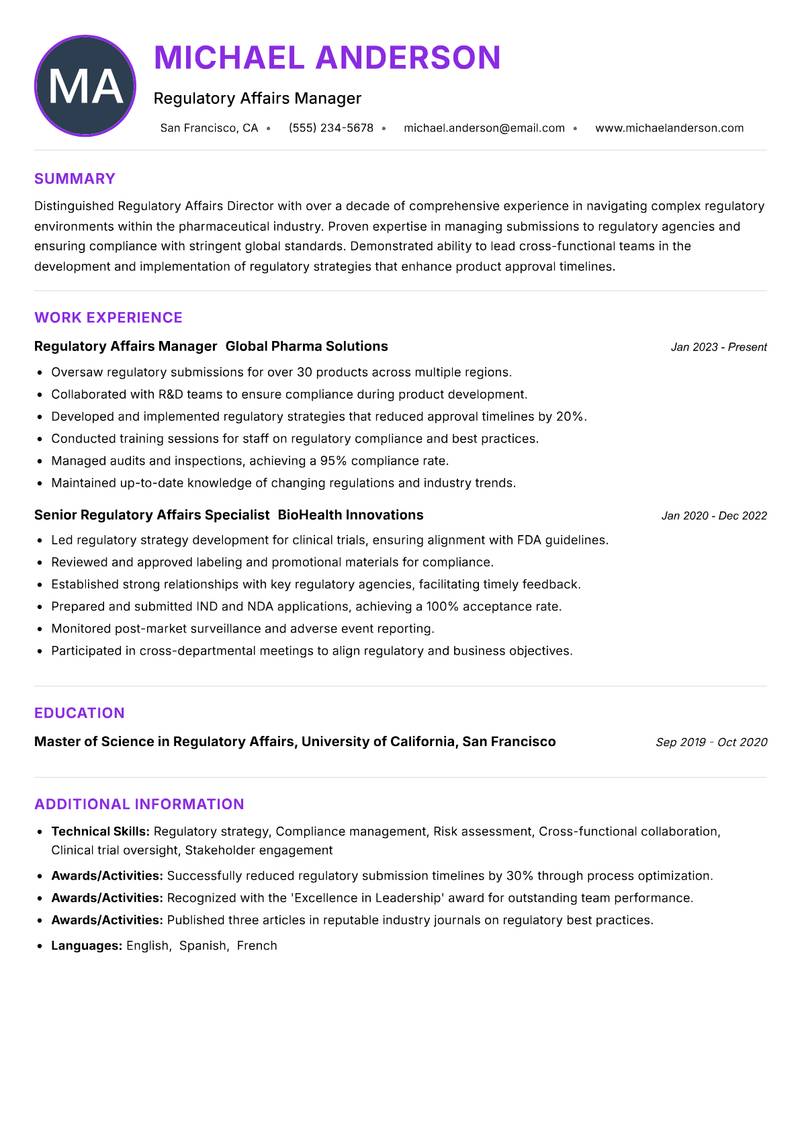 Regulatory Affairs Director resume example