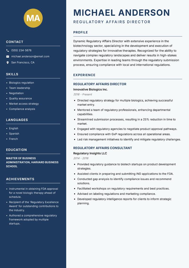 Regulatory Affairs Director resume sample — Regulatory Affairs Director focus
