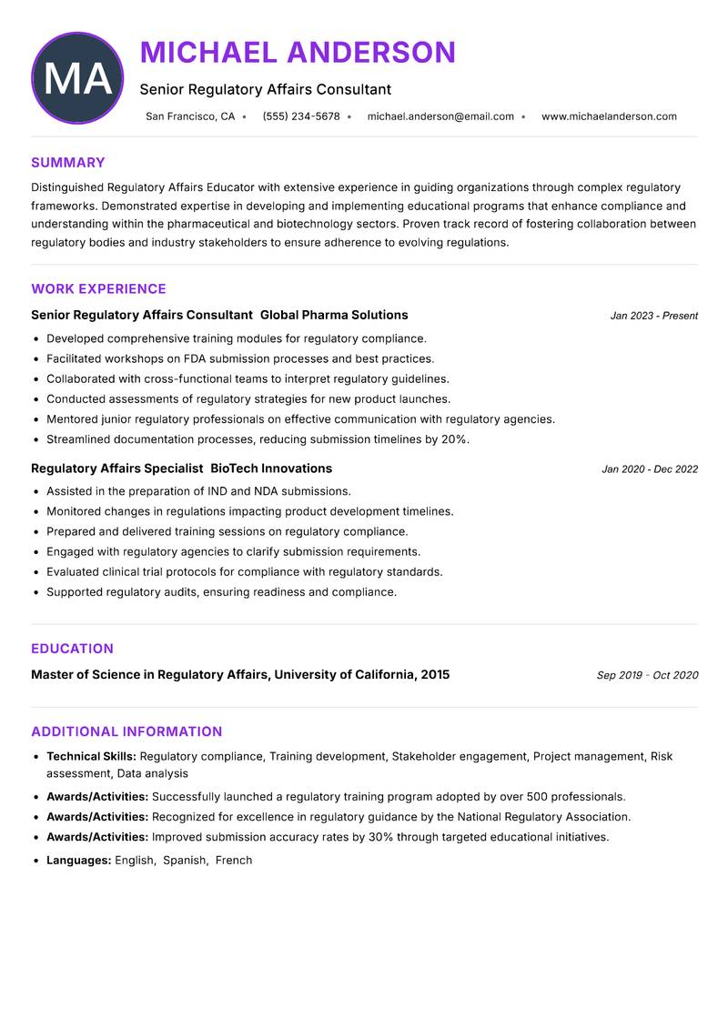 Regulatory Affairs Educator resume example