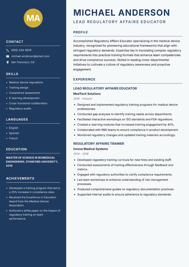 Regulatory Affairs Educator resume sample — Lead Regulatory Affairs Educator focus