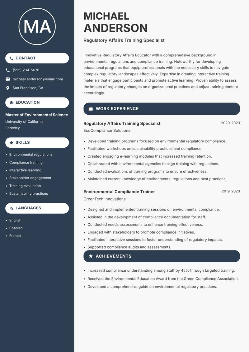 Regulatory Affairs Educator resume sample — Regulatory Affairs Training Specialist focus