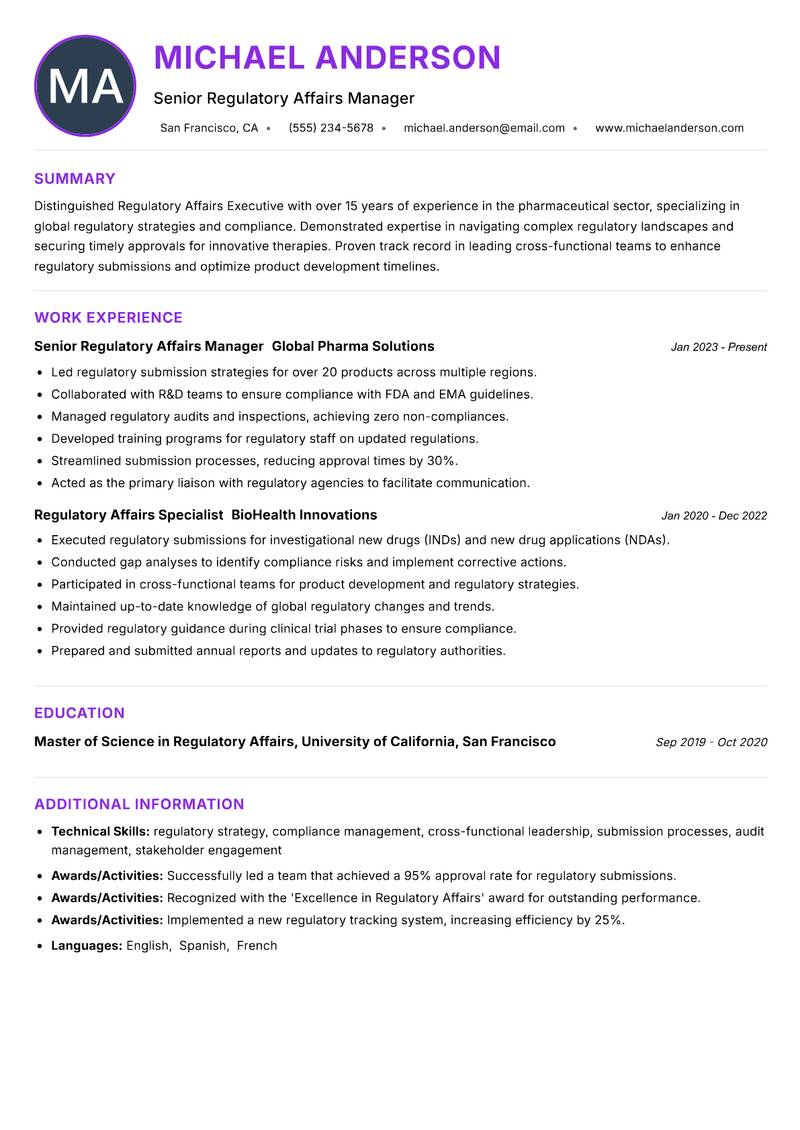 Regulatory Affairs Executive resume example