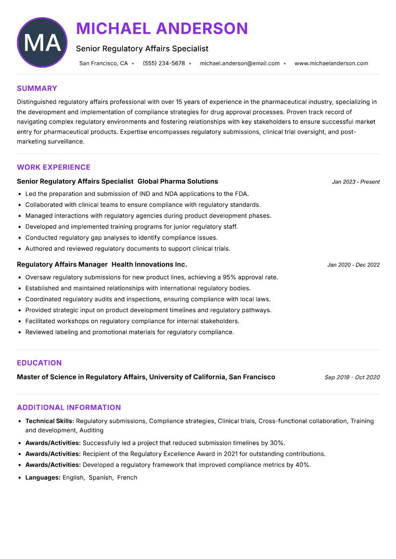 Regulatory Affairs Instructor resume example