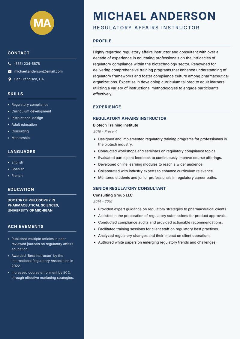 Regulatory Affairs Instructor resume sample — Regulatory Affairs Instructor focus