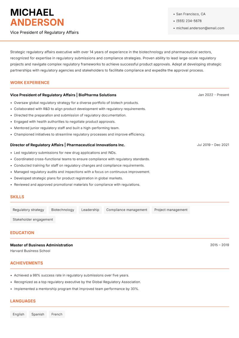 Regulatory Affairs Instructor resume sample — Vice President of Regulatory Affairs focus