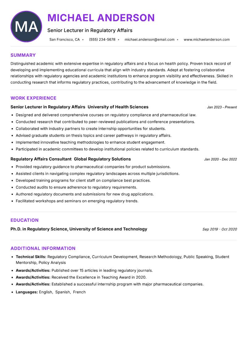 Regulatory Affairs Lecturer resume example