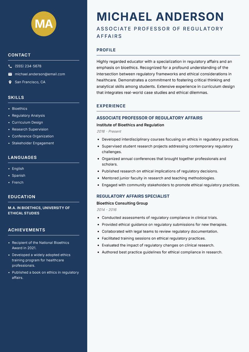 Regulatory Affairs Lecturer resume sample — Associate Professor of Regulatory Affairs focus